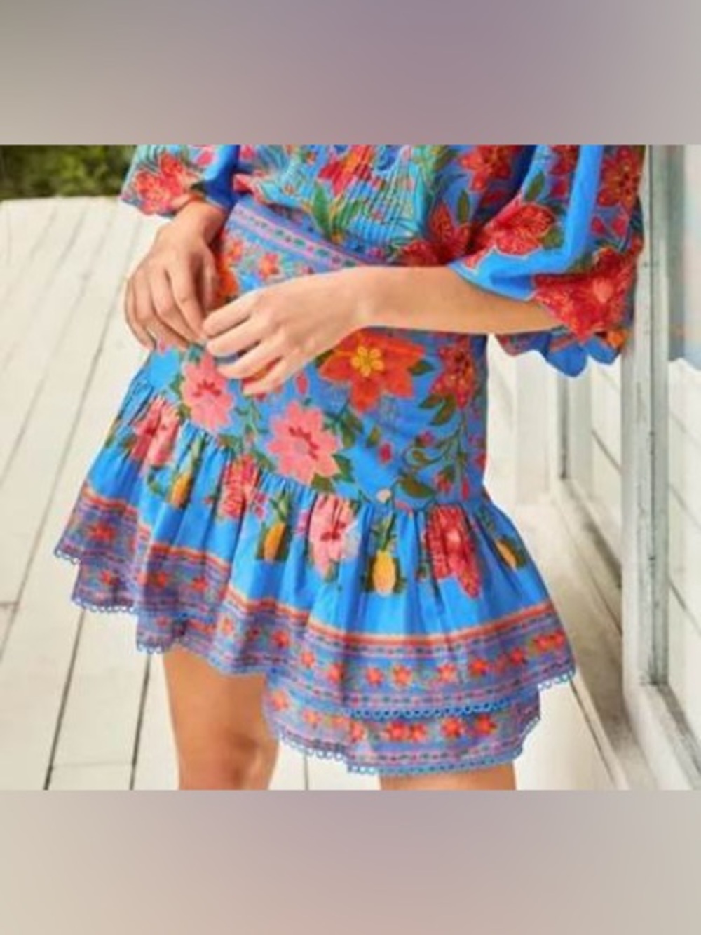 EUC – Farm Rio Blue Floral & Pineapple Ruffle Mini Skirt – Size Medium